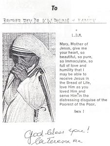 Dedication of Mother Teresa of Calcutta to Prince Kermit of Miensk.